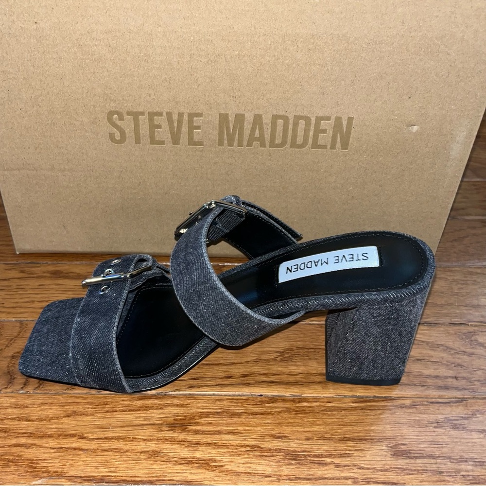 Steve Madden Menna Double Buckle Denim Sandals Black Denim Women’s Size 7 - Picture 4 of 14